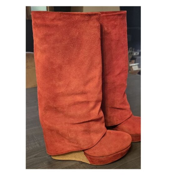 Red Slouchy Foldover Italian Suede Boots Size 8 - Picture 1 of 8